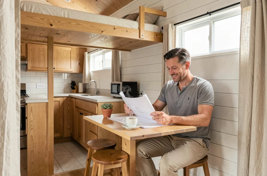Intérieur chaleureux d'une tiny house avec cuisine intégrée, lit mezzanine et homme consultant des plans architecturaux