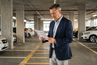 Investisseur particulier examinant des documents dans un parking urbain moderne en béton
