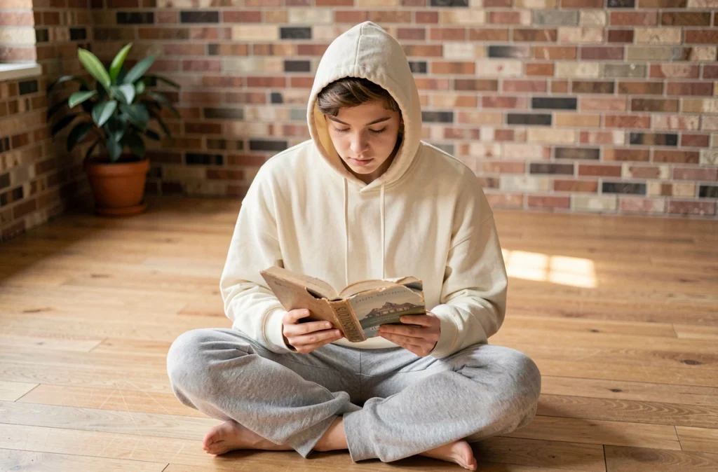 Jeune personne seule lisant un livre par terre dans un studio minimaliste, illustrant la solitude choisie et la paix intérieure