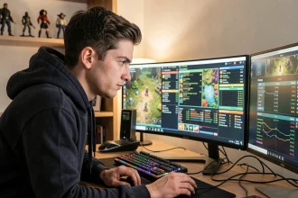 Joueur concentré devant un écran de jeu Aeonscope avec interface de gestion des ressources et de l'économie