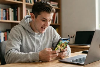 Jeune homme jouant à Coin Master sur smartphone avec des tours gratuits disponibles
