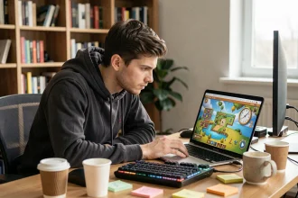 Jeune homme concentré jouant à un jeu de puzzle en ligne avec minuterie sur son ordinateur portable dans un appartement moderne
