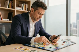 Joueur de Monopoly GO concentré sur son smartphone avec des cartes de jeu éparpillées sur un bureau moderne, illustrant les stratégies d'accès rapide au Club des Magnats