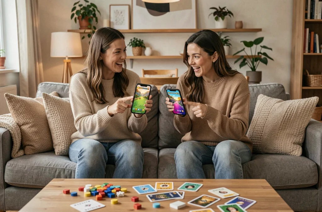 Deux joueuses comparant leurs progrès sur Monopoly GO dans un salon chaleureux, montrant comment certains joueurs avancent plus rapidement vers le Club des Magnats
