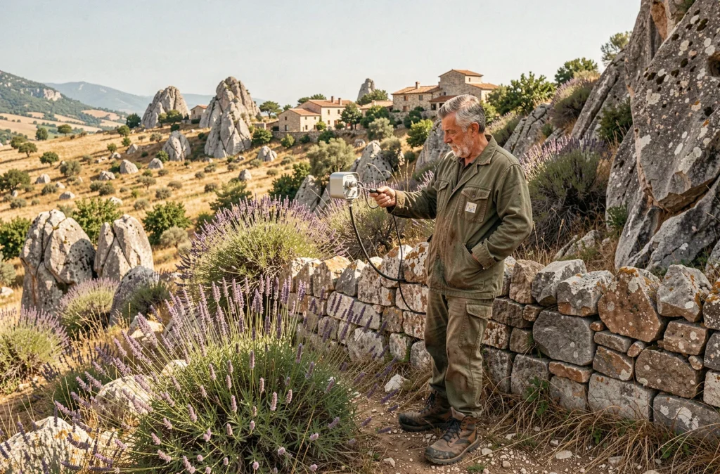 Électricien La Belugue inspectant une boîte de jonction électrique sur un muret en pierre sèche dans l'arrière-pays des Alpes-Maritimes