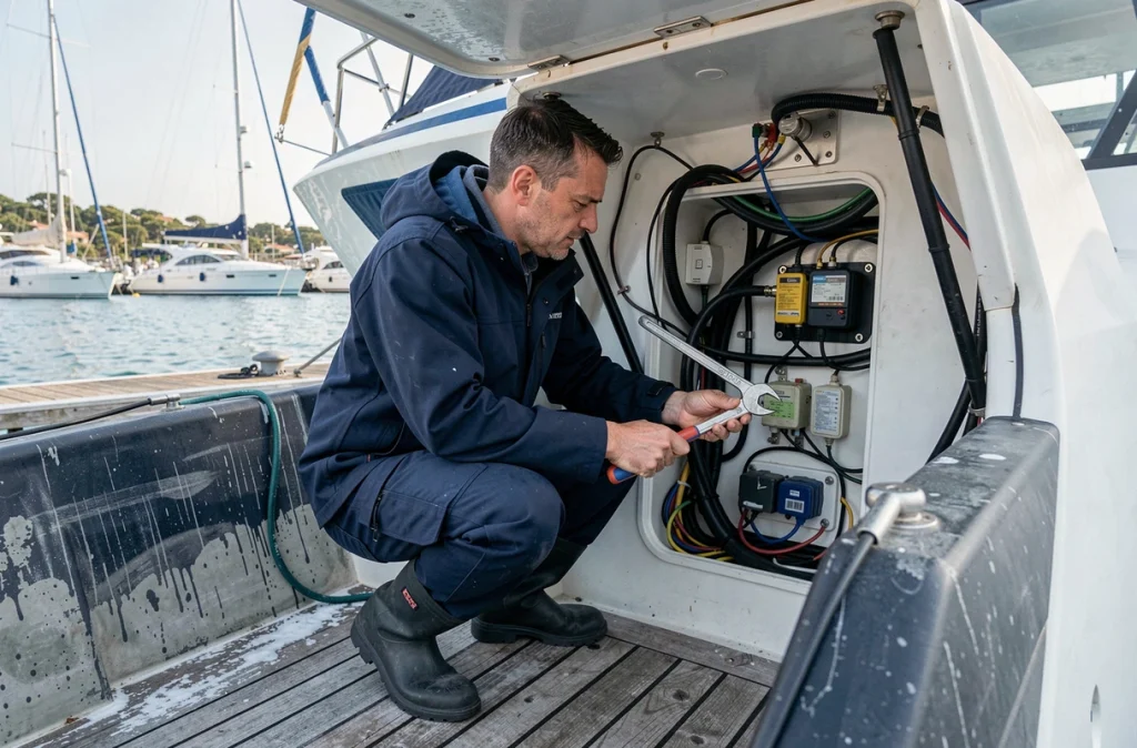 Électricien marin Laurent Marine Services travaillant sur le câblage électrique d'un bateau dans un port de la Côte d'Azur