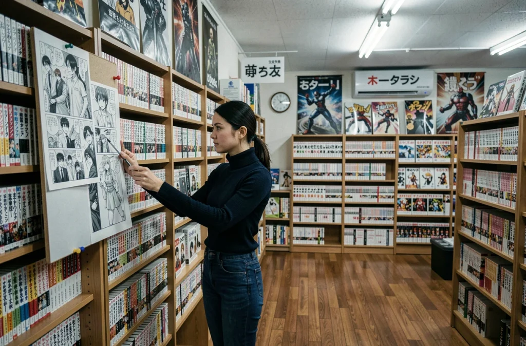 Femme analysant un scan de manga dans une librairie spécialisée avec des rayonnages remplis de mangas japonais