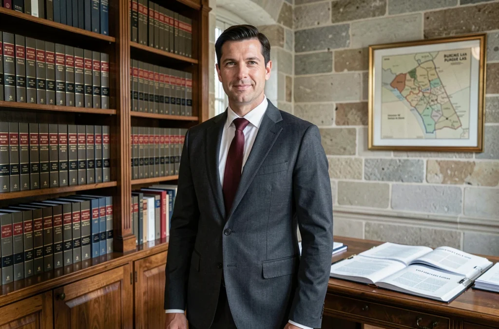 Avocat en droit public à Dijon, costume charbon et cravate bordeaux, devant une bibliothèque juridique