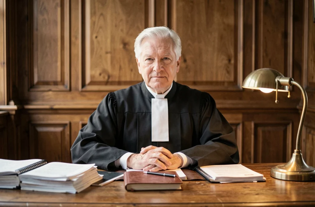 Avocat en droit civil et procédure à Dijon en robe d'avocat, assis à un bureau en bois ancien