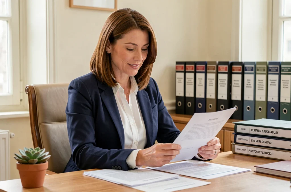 Avocate en droit civil à Dijon, blazer marine, examinant un document juridique à son bureau