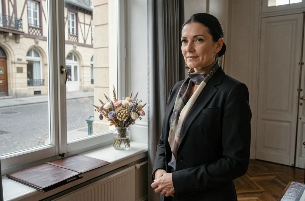 Avocate à Dijon, blazer noir et foulard, debout près d'une fenêtre avec vue sur l'architecture bourguignonne
