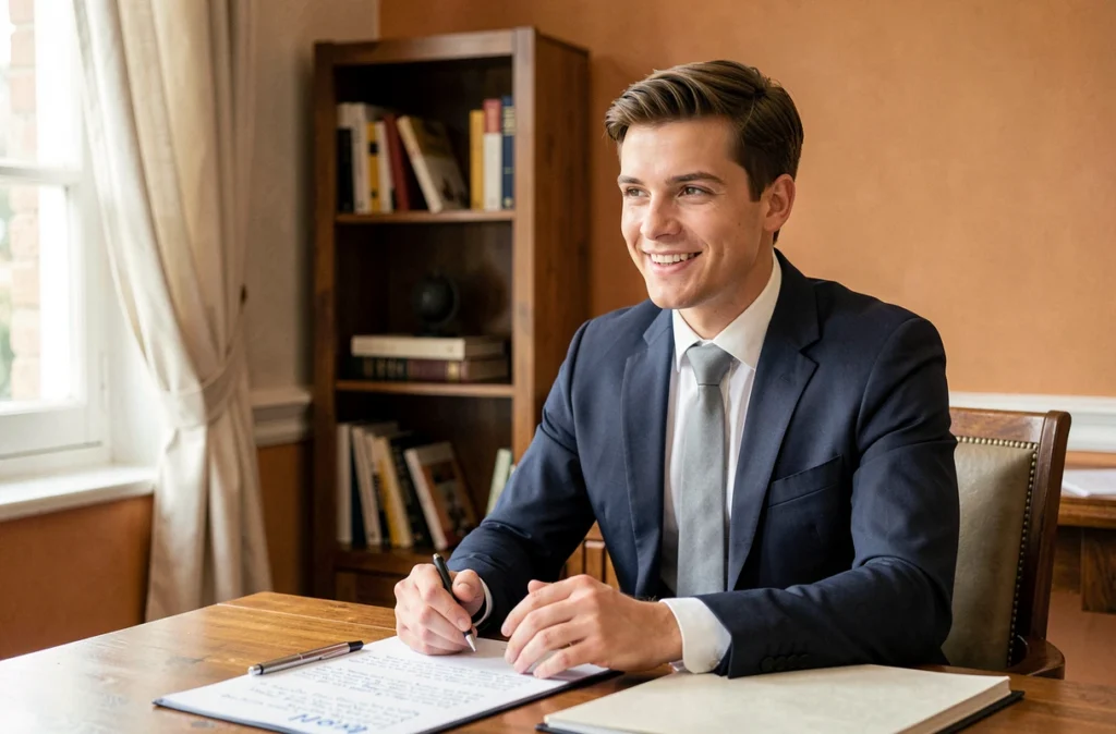 Avocat des particuliers à Dijon, jeune homme en costume marine, en posture de consultation client