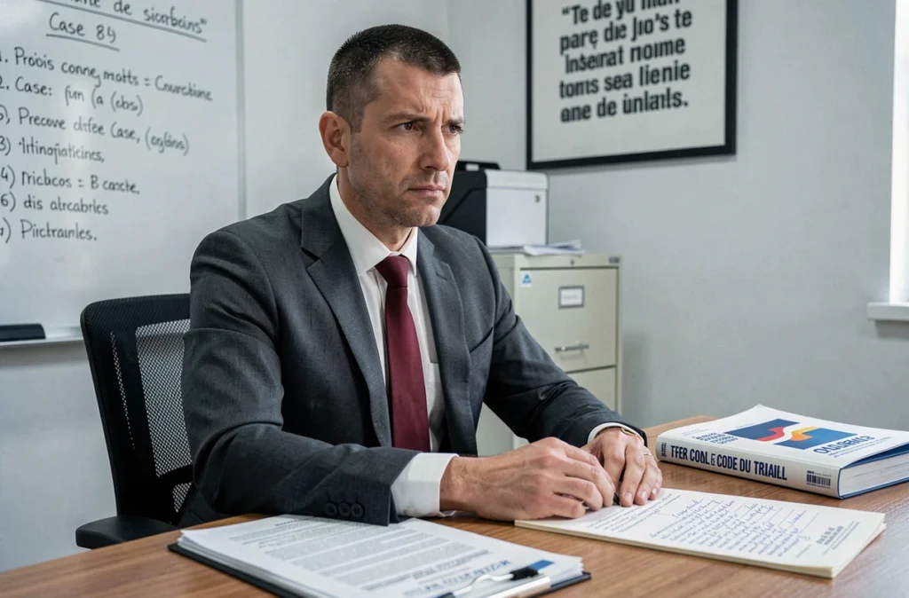 Avocat en droit du travail à Dijon, costume charbon, avec le Code du travail et des notes sur son bureau