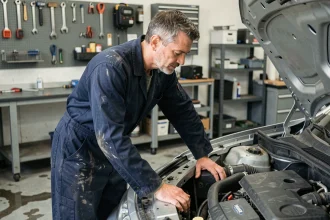 Mécanicien professionnel inspectant le moteur d'une voiture dans un garage lors d'un entretien régulier
