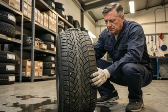 Mécanicien inspectant un pneu hiver dans un garage automobile professionnel