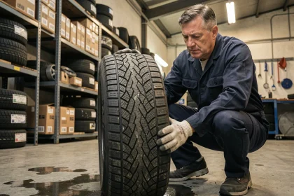 Mécanicien inspectant un pneu hiver dans un garage automobile professionnel