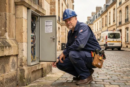 Un électricien professionnel travaille sur un tableau électrique dans une rue de Rennes, avec l'architecture bretonne en arrière-plan