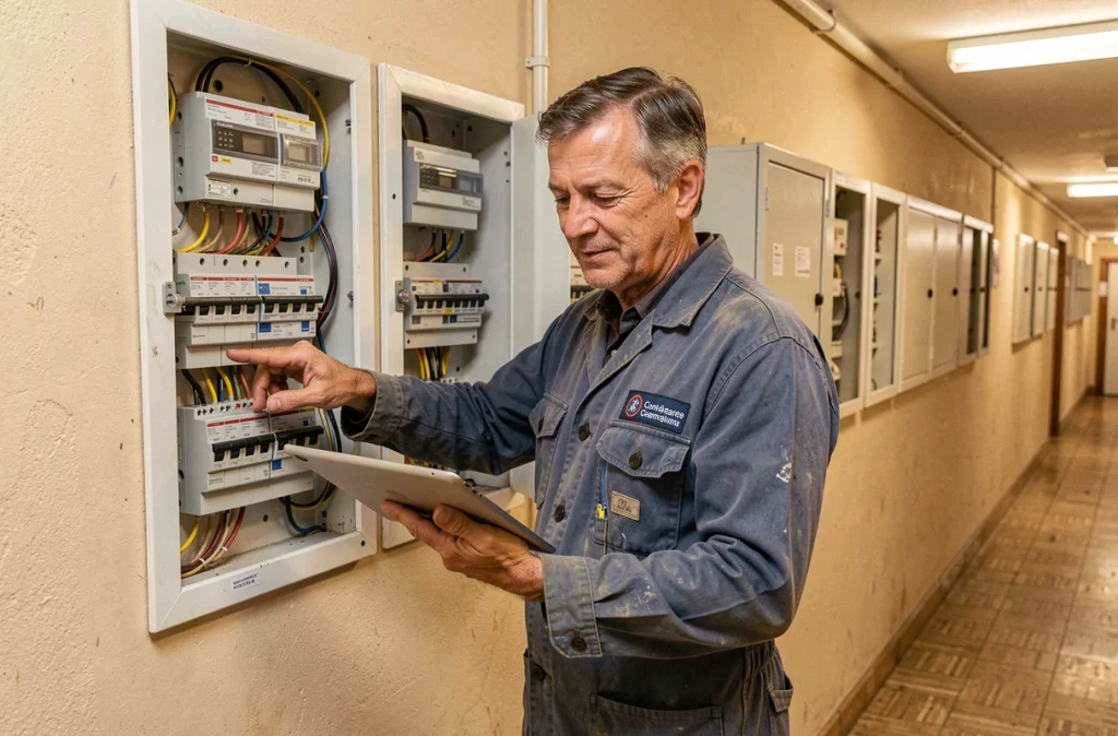 Électricien Mena Elec inspectant un tableau de distribution dans un immeuble résidentiel du département 06