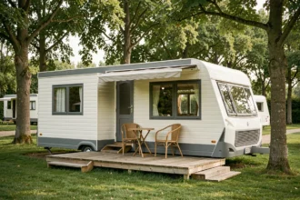 Mobil-home moderne blanc et gris installé sur un terrain de camping en France entouré d'arbres, avec terrasse en bois et mobilier de jardin