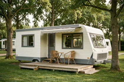 Mobil-home moderne blanc et gris installé sur un terrain de camping en France entouré d'arbres, avec terrasse en bois et mobilier de jardin
