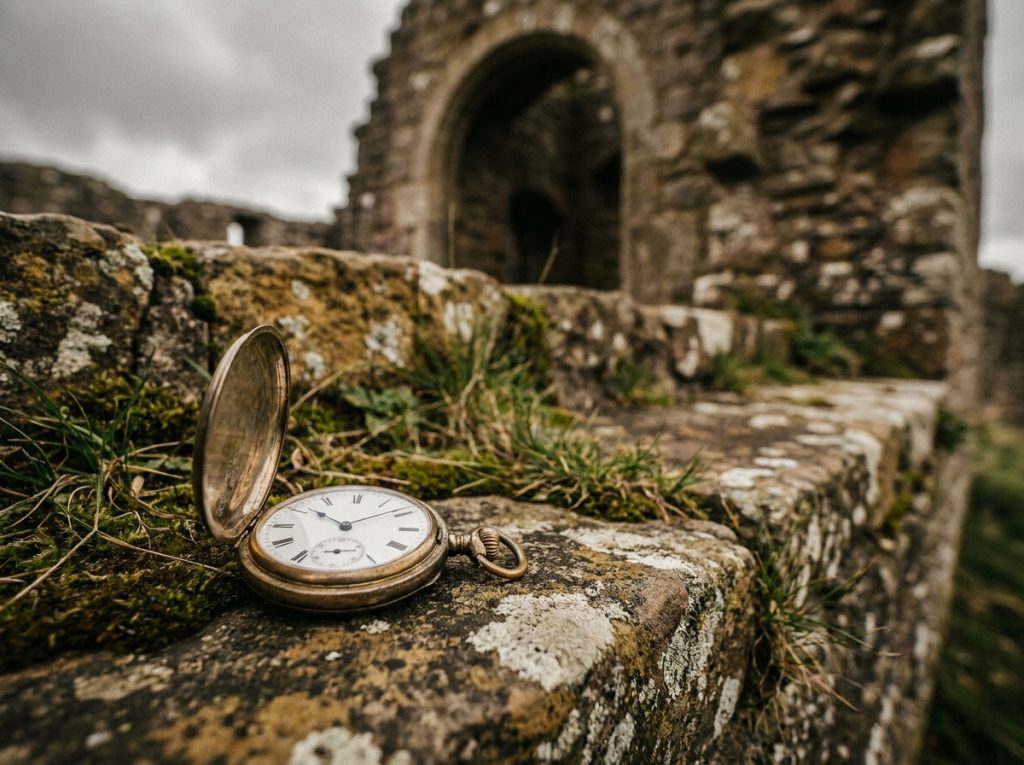 Montre à gousset ancienne posée sur une pierre de château médiéval en ruine couverte de lichen et de mousse