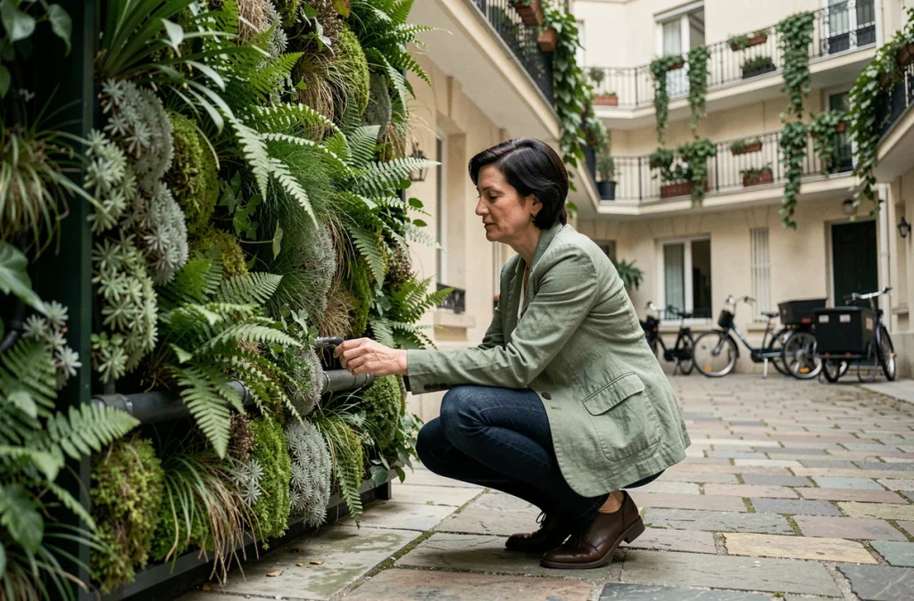 Femme copropriétaire inspectant un mur végétal dans la cour intérieure d'un immeuble parisien