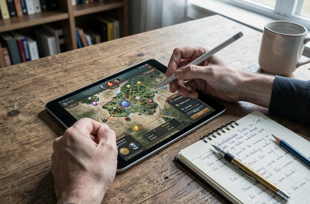 Notes manuscrites et tablette affichant la carte économique d'Aeonscope pour optimiser les ressources du jeu