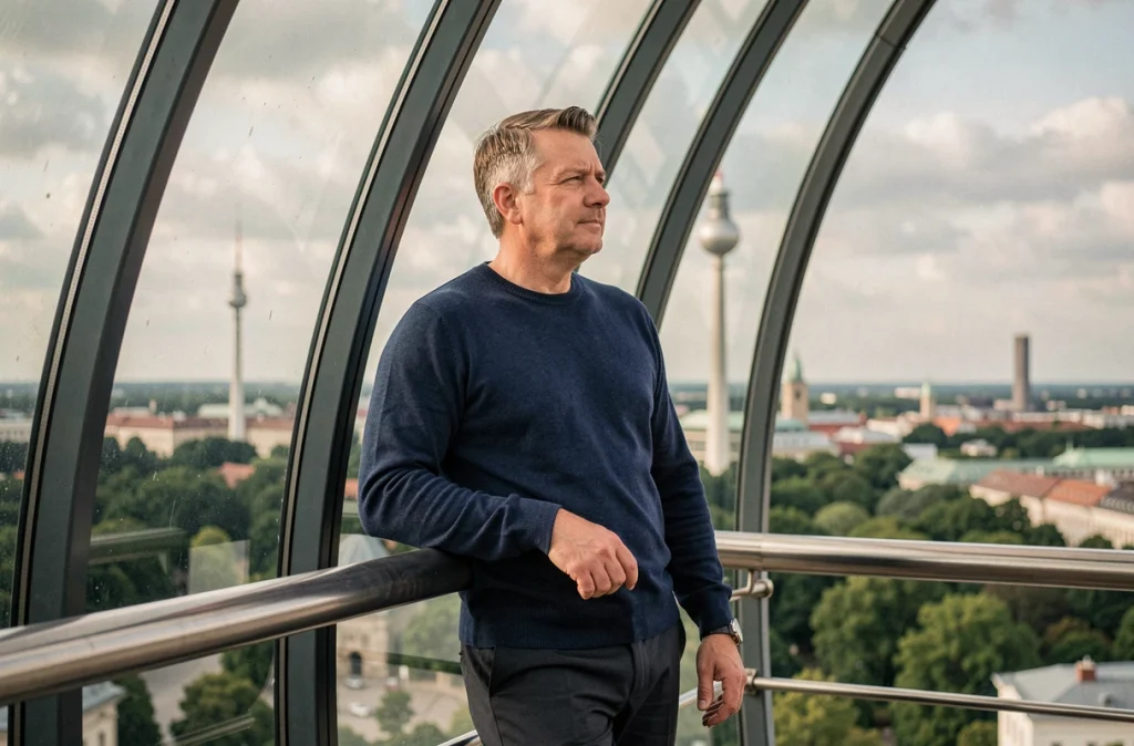 Homme admirant le panorama de Berlin depuis la terrasse de la coupole du Reichstag lors de sa visite du Parlement
