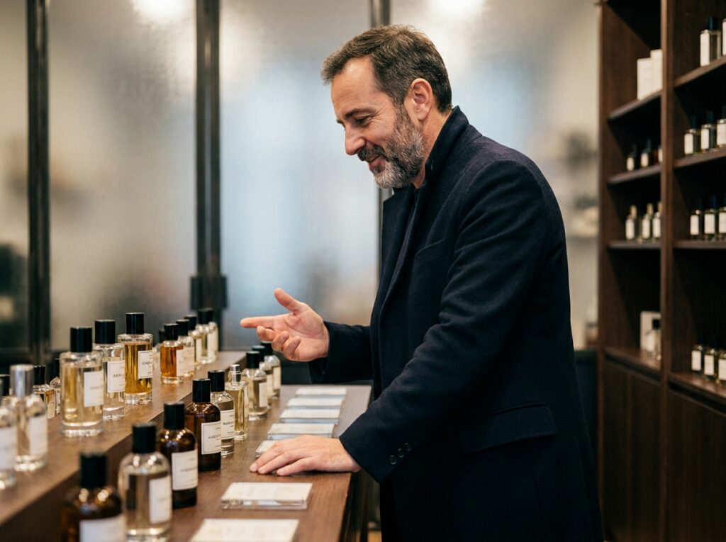 Homme mature en manteau marine dans une parfumerie de luxe explorant des flacons de parfums artisanaux, tendances olfactives automne-hiver 2026