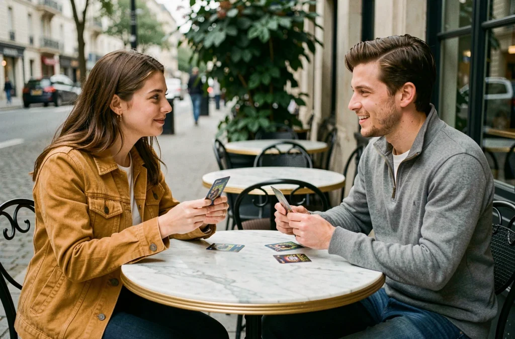 Deux joueurs débutants s'affrontent avec des Pokémon de type Psy lors d'une partie en terrasse de café