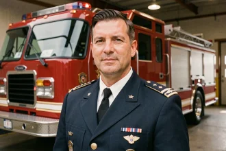 Pompier en uniforme officiel avec galons et insignes de grade dorés devant un camion de pompiers rouge