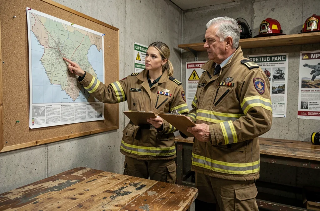 Deux pompiers avec insignes de grade différents lors d'un briefing opérationnel dans une caserne de pompiers