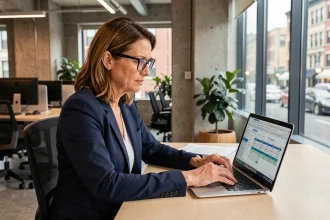 Professionnelle consultant les tarifs d'une plateforme locale sur son ordinateur dans un bureau moderne en 2026