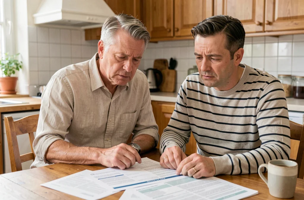 Couple de propriétaires français consultant leur dossier de diagnostics immobiliers obligatoires à la table de leur cuisine avant une vente immobilière