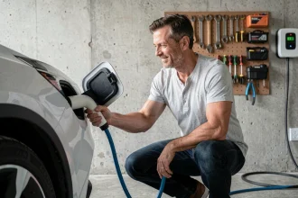 Un homme branchant un câble de recharge sur une voiture électrique dans un garage résidentiel avec une borne de recharge murale