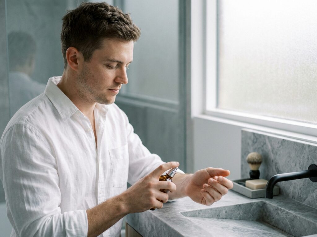 Jeune homme appliquant son parfum au poignet dans une salle de bain en marbre, rituel beauté masculine et tendances parfums homme fin 2026