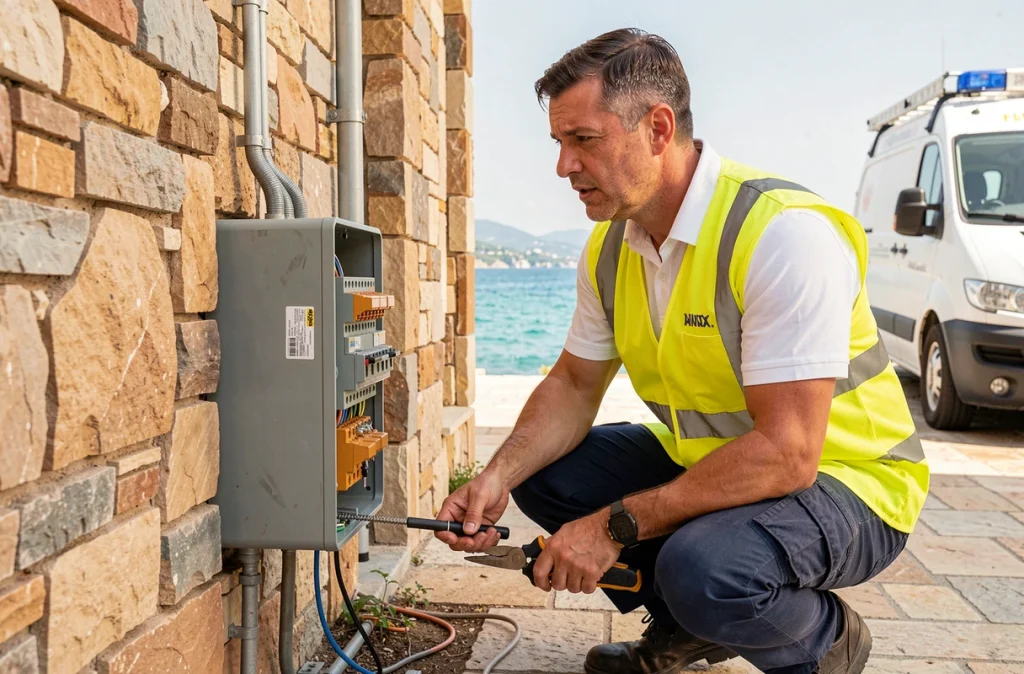 Technicien Riviera Degazage intervenant en dépannage électrique d'urgence dans une villa de la Côte d'Azur