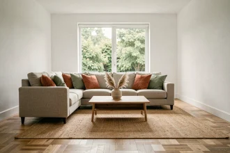 Salon moderne et épuré mis en scène pour la vente immobilière avec canapé en lin neutre, coussins terracotta et table basse en chêne
