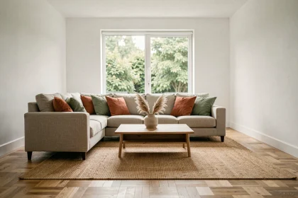 Salon moderne et épuré mis en scène pour la vente immobilière avec canapé en lin neutre, coussins terracotta et table basse en chêne