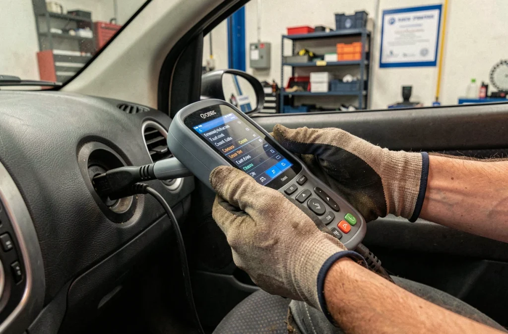 Gros plan sur un scanner OBD utilisé lors d'un contrôle technique automobile selon les nouvelles normes 2024