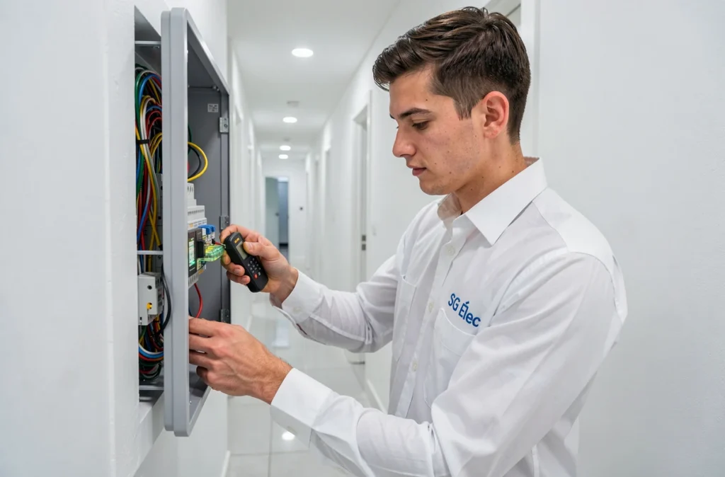 Jeune électricien de SG Élec Rennes connectant des câbles dans un tableau électrique résidentiel moderne