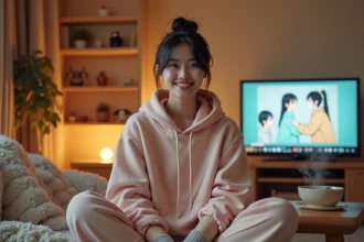 Jeune femme confortable sur un canapé avec ramen et figurines d'anime pour soirée Netflix