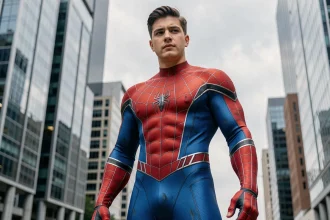 Cosplayer en costume Spider-Man devant des gratte-ciels urbains illustrant le rôle de Spider-Man dans les Avengers du MCU