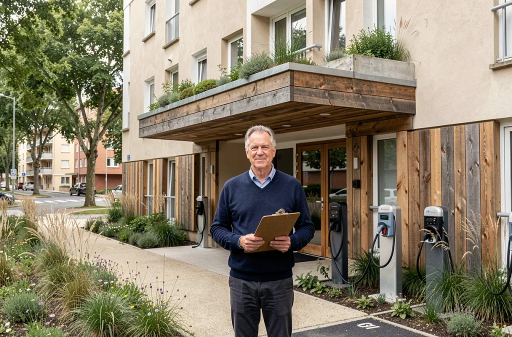 Gestionnaire de copropriété devant un immeuble rénové avec toiture végétalisée et bornes de recharge électrique