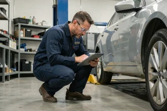 Technicien automobile effectuant un contrôle technique sous une voiture dans un garage moderne en 2024