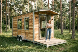 Jeune femme sur la terrasse d'une tiny house en bois sur roues dans une prairie verdoyante entourée de pins