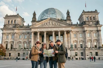 Touristes devant le Reichstag à Berlin consultant une carte pour planifier leur visite du Parlement allemand