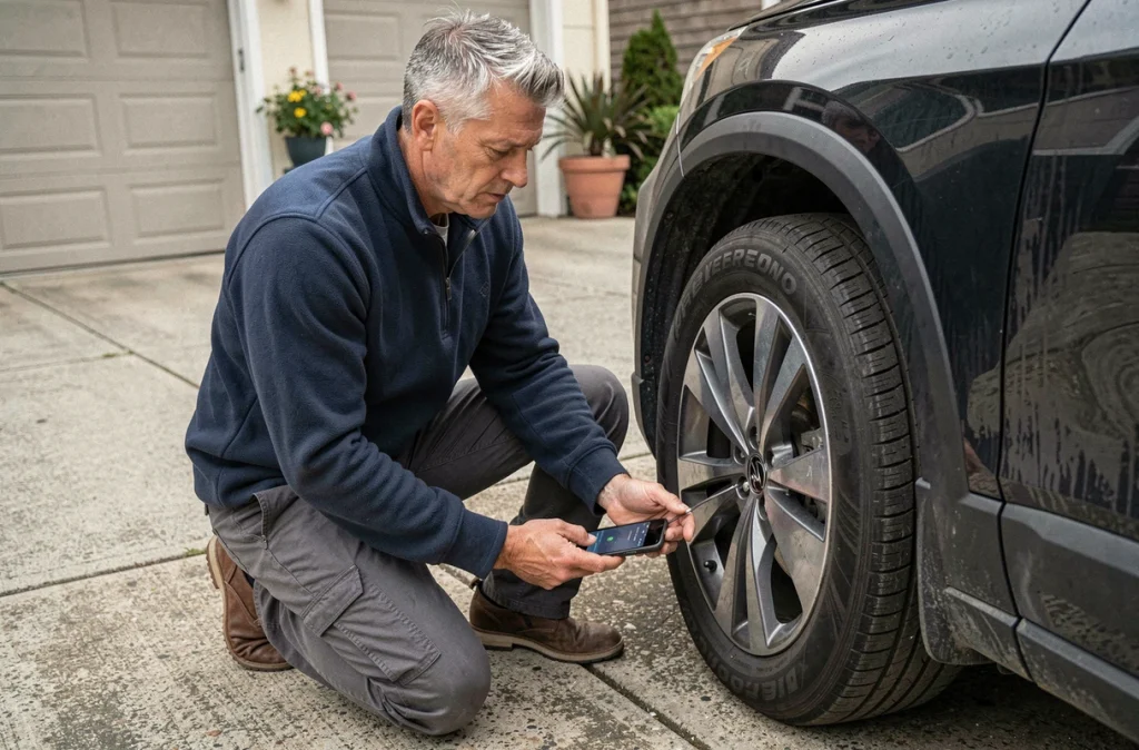 Homme vérifiant la pression des pneus avec une application mobile devant son SUV