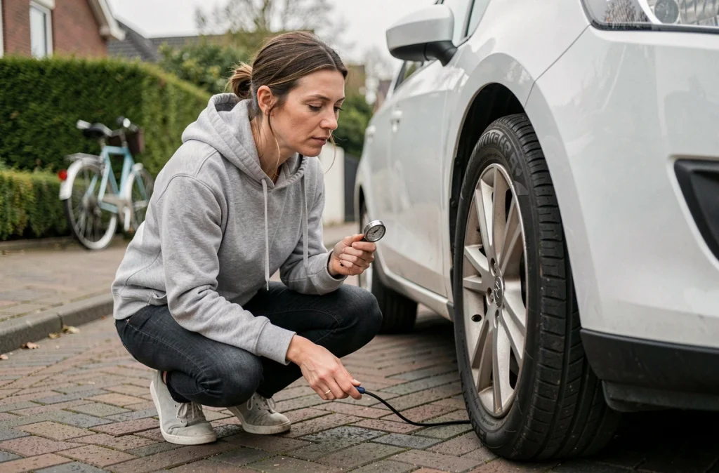 Femme vérifiant la pression des pneus de sa voiture lors d'un entretien à domicile