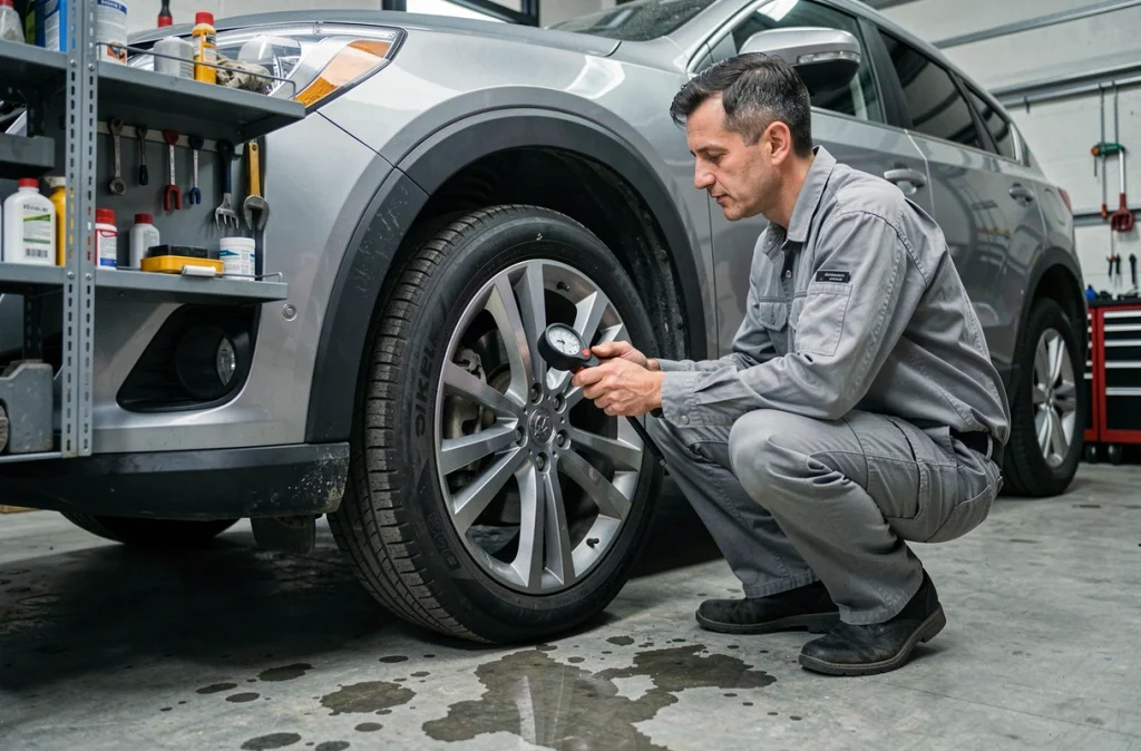 Mécanicien vérifiant la pression des pneus d'un SUV dans un garage pour optimiser la consommation de carburant